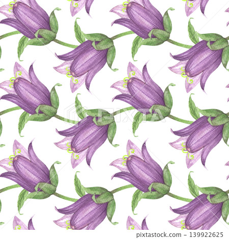 Seamless pattern of the violet bluebells buds. Meadow flower watercolor illustration. Handmade art work. For packaging design, cards, cover, prints, product labels and fabric. Seamless pattern of the violet bluebells buds. Meadow flower watercolor illustration. Handmade art work. For packaging design, cards, cover, prints, product labels and fabric. 139922625