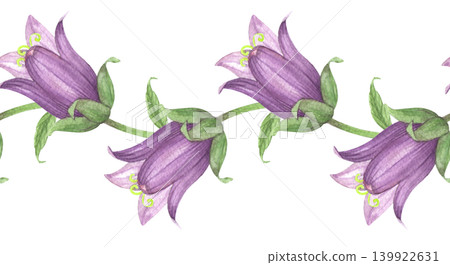 Seamless border of the violet bluebells buds. Meadow flower watercolor illustration. Handmade art work. For packaging design, cards, cover, prints, product labels and fabric. Seamless border of the violet bluebells buds. Meadow flower watercolor illustration. Handmade art work. For packaging design, cards, cover, prints, product labels and fabric. 139922631