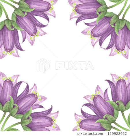 Square frame of the bluebells buds. Meadow flower watercolor illustration. Handmade art work. For packaging design, cards, cover, prints, product labels and fabric. Square frame of the bluebells buds. Meadow flower watercolor illustration. Handmade art work. For packaging design, cards, cover, prints, product labels and fabric. 139922632