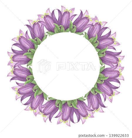 Wreath of the bluebells buds. Meadow flower watercolor illustration. Handmade art work. For packaging design, cards, cover, prints, product labels and fabric. Wreath of the bluebells buds. Meadow flower watercolor illustration. Handmade art work. For packaging design, cards, cover, prints, product labels and fabric. 139922633