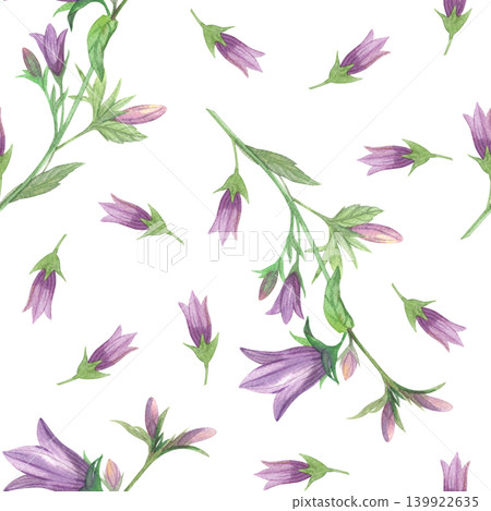 Seamless pattern of the violet bluebells. Meadow flower watercolor illustration. Handmade art work. For packaging design, cards, cover, prints, product labels and fabric. Seamless pattern of the violet bluebells. Meadow flower watercolor illustration. Handmade art work. For packaging design, cards, cover, prints, product labels and fabric. 139922635