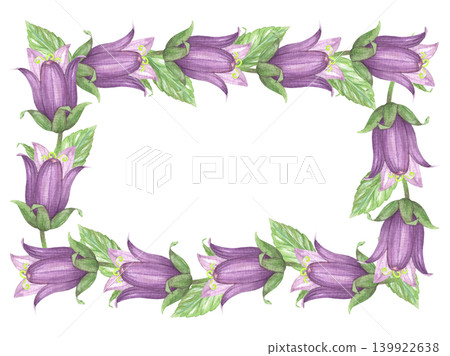 Frame of the flower of the bluebell. Meadow flower watercolor illustration. Handmade art work. For packaging design, cards, cover, prints, product labels and fabric. Frame of the flower of the bluebell. Meadow flower watercolor illustration. Handmade art work. For packaging design, cards, cover, prints, product labels and fabric. 139922638