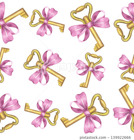 Seamless pattern of the double bow keys. Handmade watercolor illustration. For packaging design, cards, cover, prints, product labels and fabric. 139922666