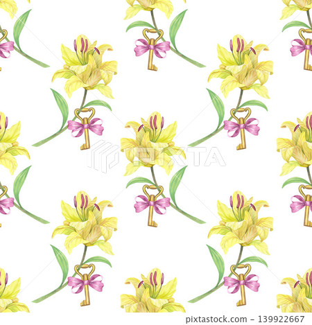 Seamless pattern of the lilies with the double bow keys. Handmade watercolor illustration. For packaging design, cards, cover, prints, product labels and fabric. Seamless pattern of the lilies with the double bow keys. Handmade watercolor illustration. For packaging design, cards, cover, prints, product labels and fabric. 139922667