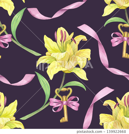 Seamless pattern of the lily with the double bow key and pink ribbon on violet background. Handmade watercolor illustration. For packaging design, cards, cover, prints, product labels and fabric. 139922668
