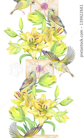 Vertical seamless border of the lilies and the birds. For packaging design, cards, cover, prints, product labels and fabric. Vertical seamless border of the lilies and the birds. For packaging design, cards, cover, prints, product labels and fabric. 139922681