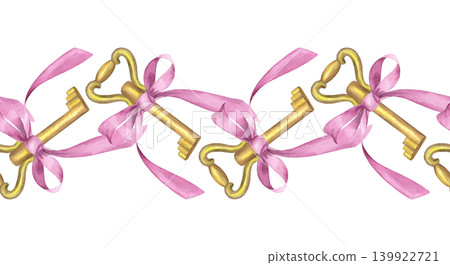 Seamless border of the keys with the bows. For packaging design, cards, cover, prints, product labels and fabric. Seamless border of the keys with the bows. For packaging design, cards, cover, prints, product labels and fabric. 139922721