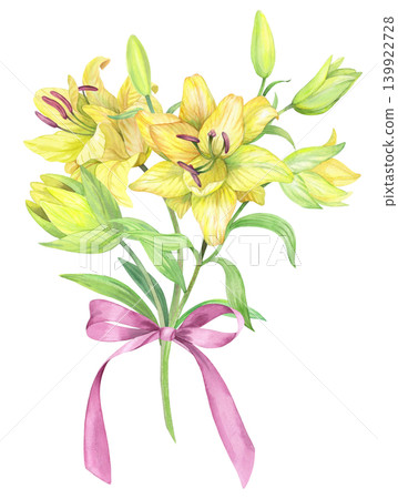 Bouquet of the lilies with the bow. Handmade watercolor illustration. For packaging design, cards, cover, prints, product labels and fabric. Bouquet of the lilies with the bow. Handmade watercolor illustration. For packaging design, cards, cover, prints, product labels and fabric. 139922728