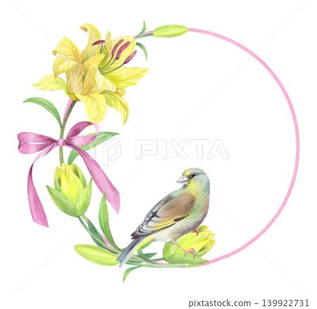 Wreath of the lilies with a bow and bird on a pink ring. Handmade watercolor illustration. For packaging design, cards, cover, prints, product labels and fabric. Wreath of the lilies with a bow and bird on a pink ring. Handmade watercolor illustration. For packaging design, cards, cover, prints, product labels and fabric. 139922731