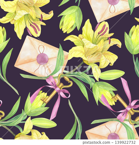 Seamless pattern of the lilies bouquet, envelope and key with a bow on a violet. Handmade watercolor illustration. For packaging design, cards, cover, prints, product labels and fabric. Seamless pattern of the lilies bouquet, envelope and key with a bow on a violet. Handmade watercolor illustration. For packaging design, cards, cover, prints, product labels and fabric. 139922732
