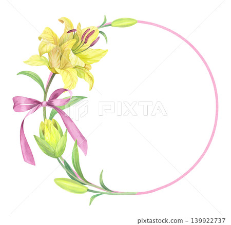 Wreath of the lilies with a bow on a pink ring. Handmade watercolor illustration. For packaging design, cards, cover, prints, product labels and fabric. Wreath of the lilies with a bow on a pink ring. Handmade watercolor illustration. For packaging design, cards, cover, prints, product labels and fabric. 139922737