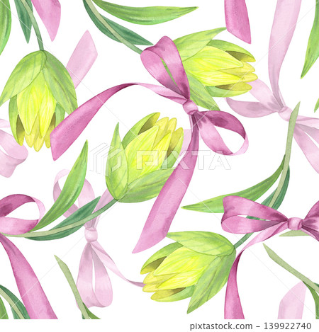 Seamless pattern of the bows and lilies. Handmade watercolor illustration. For packaging design, cards, cover, prints, product labels and fabric. Seamless pattern of the bows and lilies. Handmade watercolor illustration. For packaging design, cards, cover, prints, product labels and fabric. 139922740