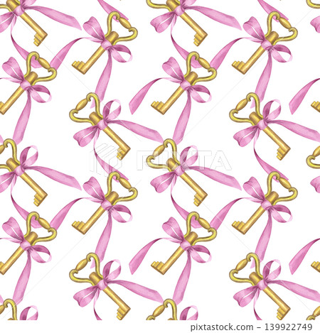 Seamless pattern of the key with a bow. Handmade watercolor illustration. For packaging design, cards, cover, prints, product labels and fabric. Seamless pattern of the key with a bow. Handmade watercolor illustration. For packaging design, cards, cover, prints, product labels and fabric. 139922749