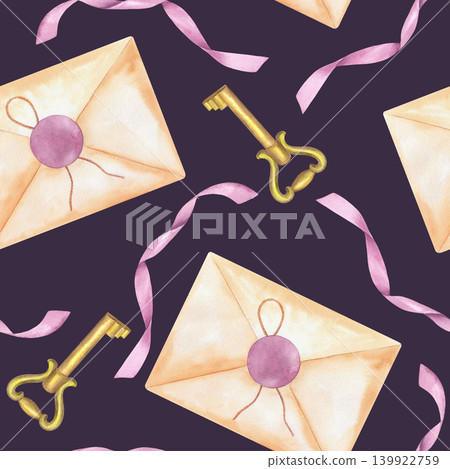 Seamless pattern of envelope, vintage key and pink ribbon on a violet background. Handmade watercolor illustration. For packaging design, cards, cover, prints, product labels and fabric. Seamless pattern of envelope, vintage key and pink ribbon on a violet background. Handmade watercolor illustration. For packaging design, cards, cover, prints, product labels and fabric. 139922759