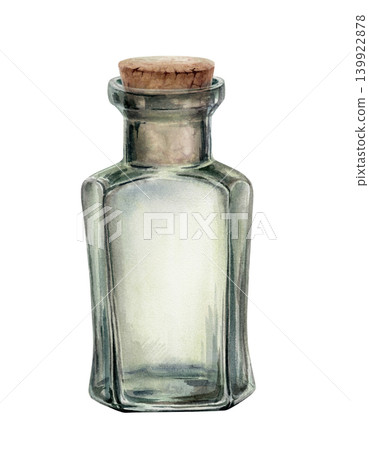Vintage glass apothecary bottle watercolor with cork. Antique perfume vial for aromatherapy oil packaging, luxury skincare serum label design, magic potion bottle and historical science lab graphics 139922878