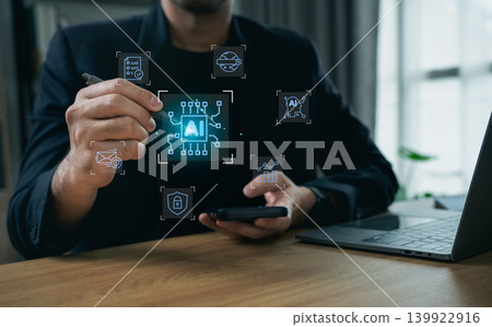 Businessman Using Smartphone with Artificial Intelligence, Machine Learning, and Data Security Icons in Modern Office Environment Businessman Using Smartphone with Artificial Intelligence, Machine Learning, and Data Security Icons in Modern Office Environment 139922916