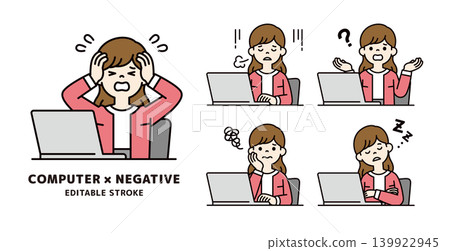 A set of vector illustrations of a woman/office worker operating a computer with a negative expression and pose. 139922945