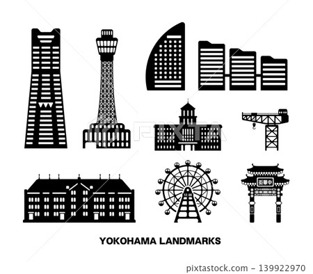橫濱地標和著名建築向量插圖集 139922970