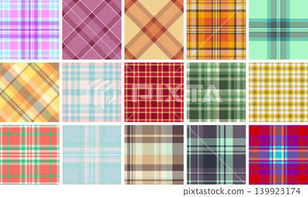 Seamless plaid pattern pack for textile manufacturing and design industry. Vector designs perfect for fabric production, fashion, upholstery, and digital prototyping. Seamless plaid pattern pack for textile manufacturing and design industry. Vector designs perfect for fabric production, fashion, upholstery, and digital prototyping. 139923174