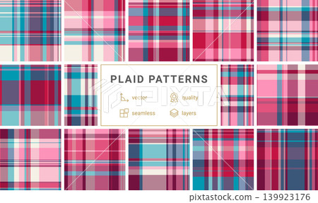 Plaid pattern set for large-scale fabric production and design projects. Seamless vectors work for fashion, interior textiles, and creative mockups. Plaid pattern set for large-scale fabric production and design projects. Seamless vectors work for fashion, interior textiles, and creative mockups. 139923176