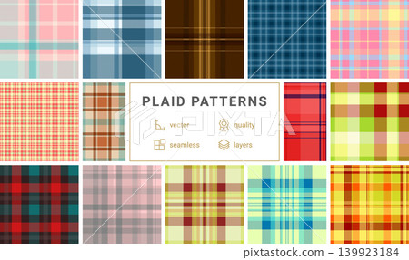 Seasonal plaid pattern set inspired by New Year atmosphere. Perfect for holiday marketing, invitations, and printed goods. Seamless vectors maintain consistency. Seasonal plaid pattern set inspired by New Year atmosphere. Perfect for holiday marketing, invitations, and printed goods. Seamless vectors maintain consistency. 139923184