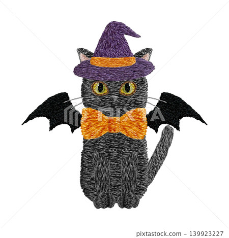 [Black cat vampire wearing a hat] Hand-embroidered illustration material 139923227