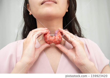 Hyperthyroidism, Overactive Thyroid, Thyroid Lymphoma, Asian woman with thyroid gland human anatomy model. 139923420
