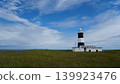A grassland under a blue sky and a lighthouse (Notoro Cape Lighthouse, Hokkaido) - empty space on the left. 139923476