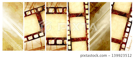 Set of grunge background with old paper texture and retro filmstrip frame. Collection of horizontal or vertical retro banner with film reel. Vintage backdrop with filmstrips. Copy space for text Set of grunge background with old paper texture and retro filmstrip frame. Collection of horizontal or vertical retro banner with film reel. Vintage backdrop with filmstrips. Copy space for text 139923512