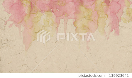 A natural-colored Japanese paper background with elegantly overlapping and dripping peony-pink and pale gold watercolor inks from the top. A natural-colored Japanese paper background with elegantly overlapping and dripping peony-pink and pale gold watercolor inks from the top. 139923641