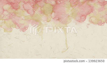 From the top, coral-colored and pale gold watercolor inks elegantly overlap and blend against a natural-colored Japanese paper background. From the top, coral-colored and pale gold watercolor inks elegantly overlap and blend against a natural-colored Japanese paper background. 139923650