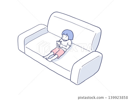 Illustration of a girl sitting on a sofa playing a game Illustration of a girl sitting on a sofa playing a game 139923858