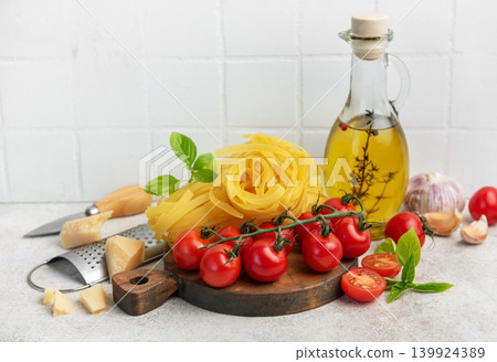 Italian pasta ingredients preparing a fresh meal Italian pasta ingredients preparing a fresh meal 139924389