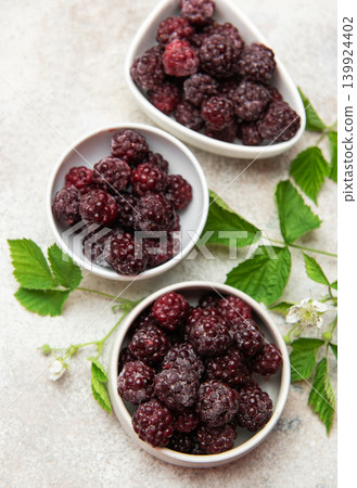 Frozen blackberries in white bowls with green leaves Frozen blackberries in white bowls with green leaves 139924402