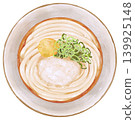 A realistic overhead illustration of "bukkake udon" (udon noodles with broth poured over them). 139925148
