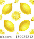 Hand drawn seamless pattern with a yellow lemon and lemon slices. Yellow lemon on a white background for graphic design. 139925212