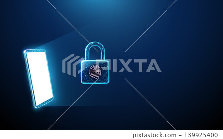 3D blue smartphone and lock with fingerprint. Cybersecurity, biometric authentication, data privacy, identity, encryption, access control, fraud prevention, trust concept 139925400