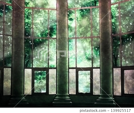 遊戲背景:奇幻森林中的一座大廳與廢墟石柱。 遊戲背景:奇幻森林中的一座大廳與廢墟石柱。 139925517