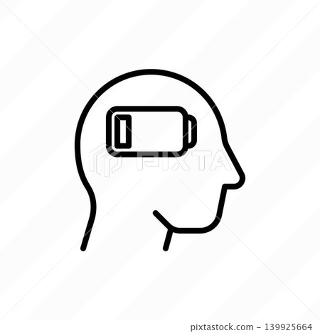 Burnout syndrome thin line icon: low battery in human head. Tiredness, fatigue, stress. Modern vector illustration. Burnout syndrome thin line icon: low battery in human head. Tiredness, fatigue, stress. Modern vector illustration. 139925664