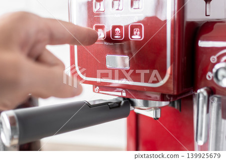 Preparing ground coffee for espresso machine at home Preparing ground coffee for espresso machine at home 139925679