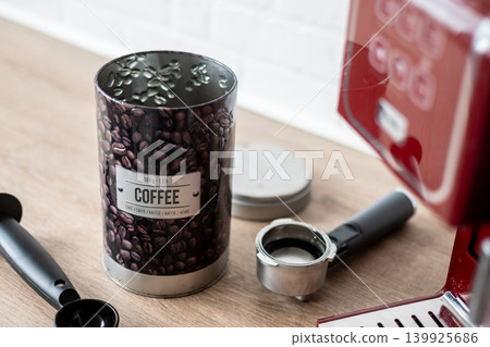 Preparing ground coffee for espresso machine at home Preparing ground coffee for espresso machine at home 139925686