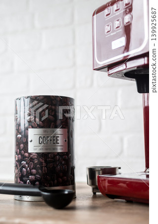 Preparing ground coffee for espresso machine at home Preparing ground coffee for espresso machine at home 139925687