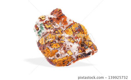 Rare chalcopyrite rock fragment displaying iridescent peacock colors, iron-copper mineral Rare chalcopyrite rock fragment displaying iridescent peacock colors, iron-copper mineral 139925732