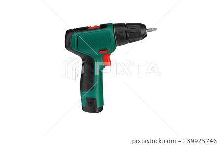 Cordless drill driver with green body isolated on white background 139925746