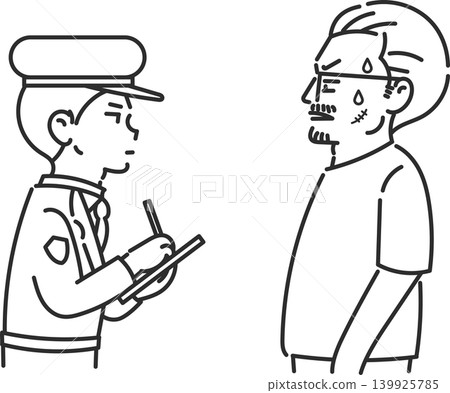 An illustration of a police officer questioning a man (line drawing only) 139925785
