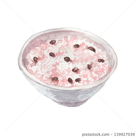 A watercolor illustration of red bean rice served in a bowl. 139927039