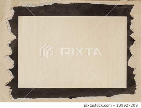 Blank paper area framed by torn black tape on paper texture, ready for message, note, poster, mockup. Simple background of paper collage for design, scrapbook, label, copy space Blank paper area framed by torn black tape on paper texture, ready for message, note, poster, mockup. Simple background of paper collage for design, scrapbook, label, copy space 139927209
