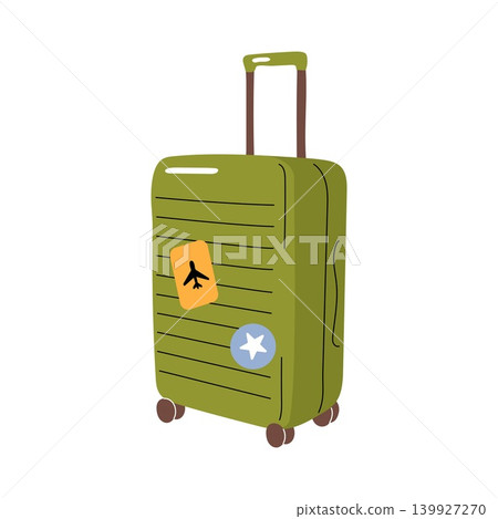 Green travel suitcase with wheels and stickers isolated on white background Green travel suitcase with wheels and stickers isolated on white background 139927270