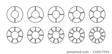 Wheel round divided two, three four five six seven eight nine ten eleven segments. Circle division on 2, 3, 4, 5, 6, 7, 8, 9, 10, 11 equal parts. Coaching blank. Infographic diagrams.  139927545