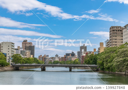 Riverside scenery in Hiroshima City; View of Hiroshima City from Sakaebashi Bridge Riverside scenery in Hiroshima City; View of Hiroshima City from Sakaebashi Bridge 139927848